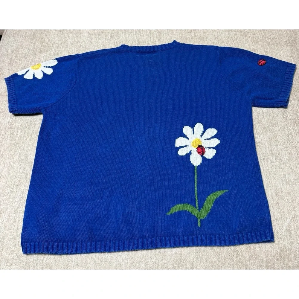 Quacker Factory 1X Blue Daisy Ladybug Ramie Cotton Button Front Cardigan